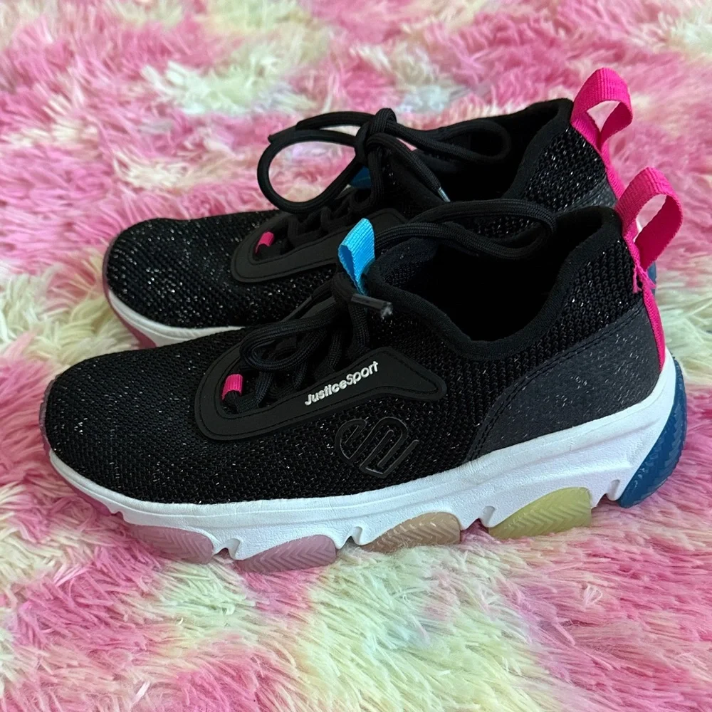 Justice Black Sneakers with Pink and Blue Highlights